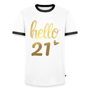 Hello 21 Gold - Men's Ringer Shirt - white/black - Front - AI Model Female 172 light (172cm) & AI Model Male 178 dark (178cm)