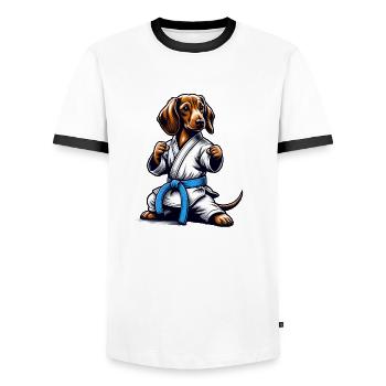 Karate Dachshund with Blue Belt - Men's Ringer Shirt - white/black - Front - AI Model Female 172 light (172cm) & AI Model Male 178 dark (178cm)