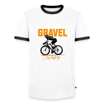 Gravel Bike Therapy Est. 2024 - Men's Ringer Shirt - white/black - Front - AI Model Female 172 light (172cm) & AI Model Male 178 dark (178cm)