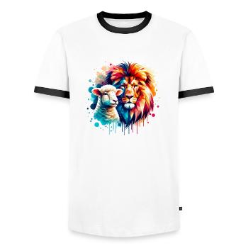 Löwe und Lamm Christliche Kleidung - Männer Kontrast-T-Shirt - Weiß/Schwarz - Vorne - AI Model Female 172 light (172cm) & AI Model Male 178 dark (178cm)