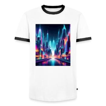 Futuristic Neon Cityscape – Vibrant Cyberpunk Art - Men's Ringer Shirt - white/black - Front - AI Model Female 172 light (172cm) & AI Model Male 178 dark (178cm)
