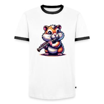 Funny Hamster With Flute Illustration - Men's Ringer Shirt - white/black - Front - AI Model Female 172 light (172cm) & AI Model Male 178 dark (178cm)