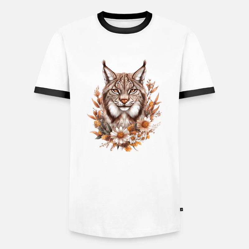 Luchs mit Blumen - Männer Kontrast-T-Shirt - Weiß/Schwarz