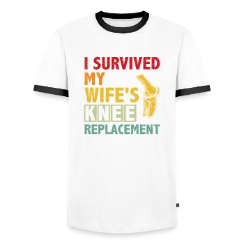 Ich überlebte die Knie-OP meiner Frau - Männer Kontrast-T-Shirt - Weiß/Schwarz - Vorne - AI Model Female 172 light (172cm) & AI Model Male 178 dark (178cm)