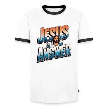 Jesus is the answer - Jesus ist die Antwort - Men's Ringer Shirt - white/black - Front - AI Model Female 172 light (172cm) & AI Model Male 178 dark (178cm)