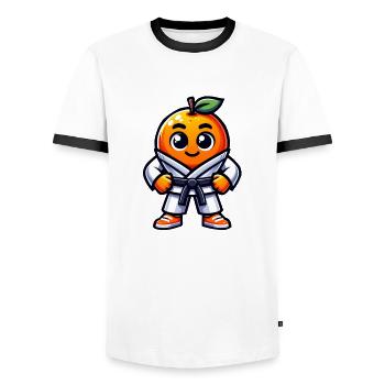 Karaté Orange : Fruit sucré en Gi avec ceinture noire - T-shirt contrasté Homme - blanc/noir - Devant - AI Model Female 172 light (172cm) & AI Model Male 178 dark (178cm)