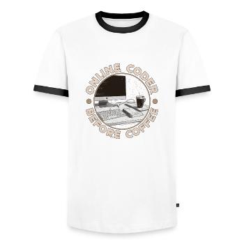 Online Coder Before Coffee Developer Coffee Lover - Men's Ringer Shirt - white/black - Front - AI Model Female 172 light (172cm) & AI Model Male 178 dark (178cm)