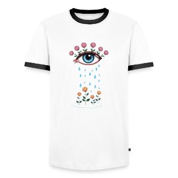 Tear Eye and Roses Blooming Poetry - Men's Ringer Shirt - white/black - Front - AI Model Female 172 light (172cm) & AI Model Male 178 dark (178cm)