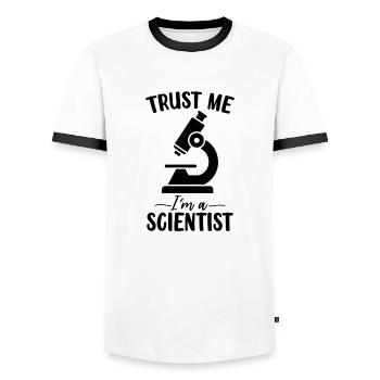 Glaub mir, ich bin ein Wissenschaftler Lustiges medizinisches Labor - Männer Kontrast-T-Shirt - Weiß/Schwarz - Vorne - AI Model Female 172 light (172cm) & AI Model Male 178 dark (178cm)