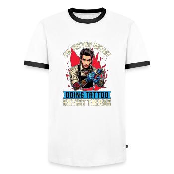 I'm Tattoo Artist Doing Tattooing Tattoo Studio - Men's Ringer Shirt - white/black - Front - AI Model Female 172 light (172cm) & AI Model Male 178 dark (178cm)