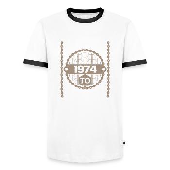 born to cycle moutainbike fahrrad 1974 - Männer Kontrast-T-Shirt - Weiß/Schwarz - Vorne - AI Model Female 172 light (172cm) & AI Model Male 178 dark (178cm)