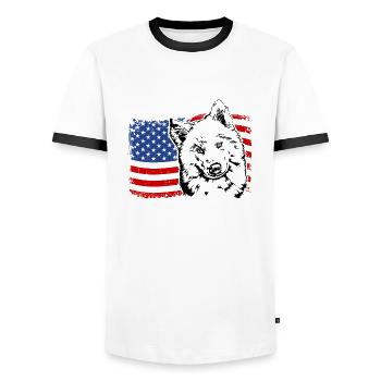 Samoyed America Flag Dog Dogs Wilsigns - Men's Ringer Shirt - white/black - Front - AI Model Female 172 light (172cm) & AI Model Male 178 dark (178cm)