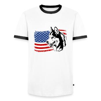 Siberian Husky America Flag Dog Dogs Wilsigns - Men's Ringer Shirt - white/black - Front - AI Model Female 172 light (172cm) & AI Model Male 178 dark (178cm)