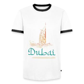 Illustration hotel Burj Al-Arab, icone de Dubai - T-shirt contrasté Homme - blanc/noir - Devant - AI Model Female 172 light (172cm) & AI Model Male 178 dark (178cm)
