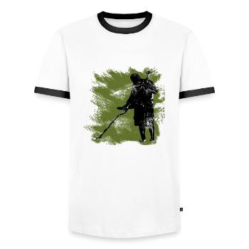 Ein Schatzsucher mit dem Metalldetektor und Spaten - Männer Kontrast-T-Shirt - Weiß/Schwarz - Vorne - AI Model Female 172 light (172cm) & AI Model Male 178 dark (178cm)