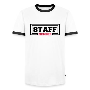 Staff Member Friends Team Staff Crew Logo - Men's Ringer Shirt - white/black - Front - AI Model Female 172 light (172cm) & AI Model Male 178 dark (178cm)