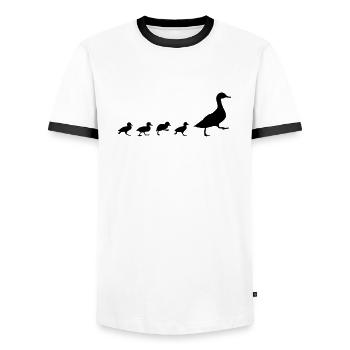 Enten, Ente mit 4 Küken - Männer Kontrast-T-Shirt - Weiß/Schwarz - Vorne - AI Model Female 172 light (172cm) & AI Model Male 178 dark (178cm)