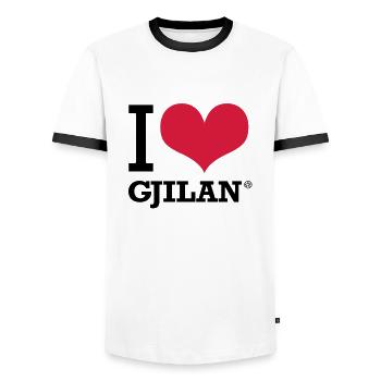 I LOVE GJILAN - Men's Ringer Shirt - white/black - Front - AI Model Female 172 light (172cm) & AI Model Male 178 dark (178cm)