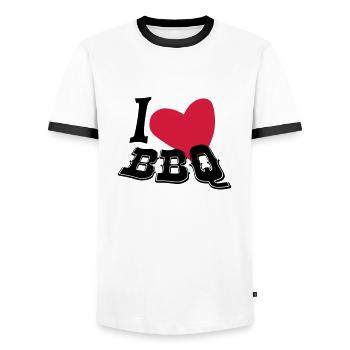 I love BBQ - Men's Ringer Shirt - white/black - Front - AI Model Female 172 light (172cm) & AI Model Male 178 dark (178cm)
