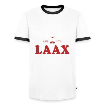 Laax Souvenir Ski- und Snowboard Resort Schweiz Alpen - Männer Kontrast-T-Shirt - Weiß/Schwarz - Vorne - AI Model Female 172 light (172cm) & AI Model Male 178 dark (178cm)