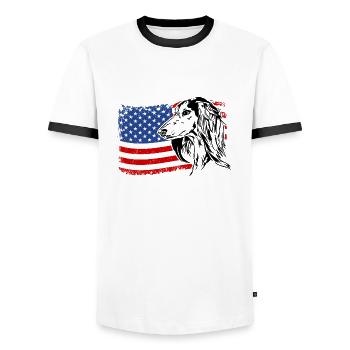 Saluki America Flag Dog Dogs Wilsigns - Men's Ringer Shirt - white/black - Front - AI Model Female 172 light (172cm) & AI Model Male 178 dark (178cm)