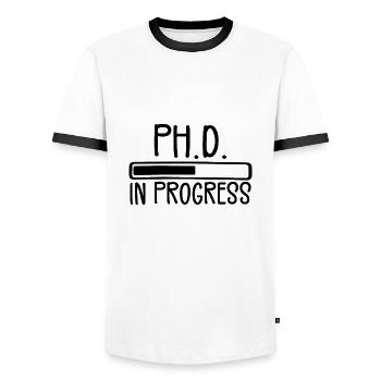 Ph.D. in Bearbeitung, PhD Doktorat Graduiertengrad - Männer Kontrast-T-Shirt - Weiß/Schwarz - Vorne - AI Model Female 172 light (172cm) & AI Model Male 178 dark (178cm)