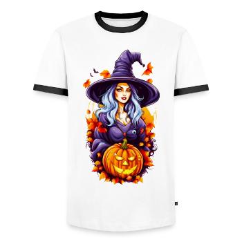 Halloween Hexe mit Kürbiskopf - Männer Kontrast-T-Shirt - Weiß/Schwarz - Vorne - AI Model Female 172 light (172cm) & AI Model Male 178 dark (178cm)