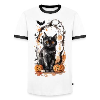 Magical Halloween Cat in Goblincore Style - Men's Ringer Shirt - white/black - Front - AI Model Female 172 light (172cm) & AI Model Male 178 dark (178cm)