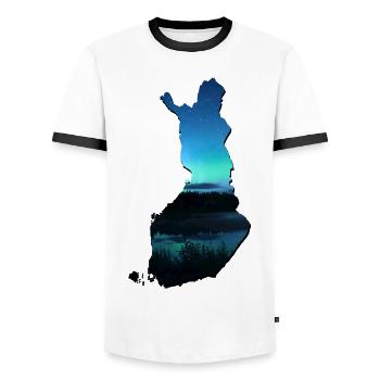 Map of Finland, the flag of finland - Men's Ringer Shirt - white/black - Front - AI Model Female 172 light (172cm) & AI Model Male 178 dark (178cm)
