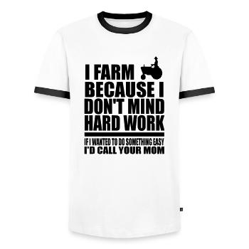 i farm because 323333333 - Men's Ringer Shirt - white/black - Front - AI Model Female 172 light (172cm) & AI Model Male 178 dark (178cm)