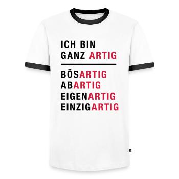 Spruch, Ich bin ganz artig - Männer Kontrast-T-Shirt - Weiß/Schwarz - Vorne - AI Model Female 172 light (172cm) & AI Model Male 178 dark (178cm)