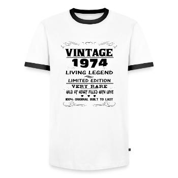 VINTAGE 1974 - Men's Ringer Shirt - white/black - Front - AI Model Female 172 light (172cm) & AI Model Male 178 dark (178cm)