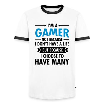 Geek I'm A Gamer Many Lives - Men's Ringer Shirt - white/black - Front - AI Model Female 172 light (172cm) & AI Model Male 178 dark (178cm)