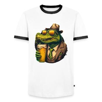 Cool crocodile with sunglasses in a suit and beer - Men's Ringer Shirt - white/black - Front - AI Model Female 172 light (172cm) & AI Model Male 178 dark (178cm)