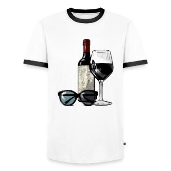 Verre de vin et bouteille n°3 - T-shirt contrasté Homme - blanc/noir - Devant - AI Model Female 172 light (172cm) & AI Model Male 178 dark (178cm)