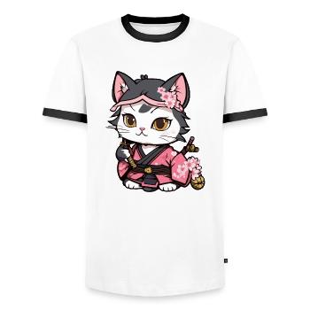 Samurai Cat & Cherry Blossoms #12 - Men's Ringer Shirt - white/black - Front - AI Model Female 172 light (172cm) & AI Model Male 178 dark (178cm)