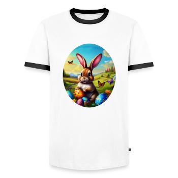 Hübscher Osterhase in Landschaft - Männer Kontrast-T-Shirt - Weiß/Schwarz - Vorne - AI Model Female 172 light (172cm) & AI Model Male 178 dark (178cm)