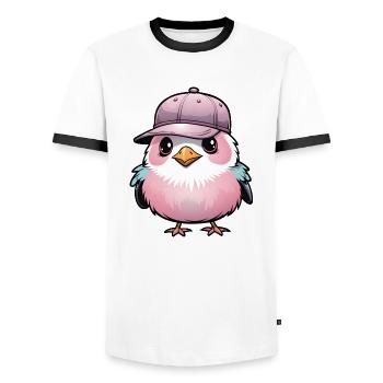 Süßer rosa Vogel mit Baseball Cap - Männer Kontrast-T-Shirt - Weiß/Schwarz - Vorne - AI Model Female 172 light (172cm) & AI Model Male 178 dark (178cm)