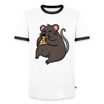 Fat Mouse Eating Pizza Funny Comic Style - Men's Ringer Shirt - white/black - Front - AI Model Female 172 light (172cm) & AI Model Male 178 dark (178cm)