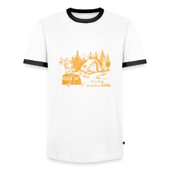 In my happy camping era- vintage - Männer Kontrast-T-Shirt - Weiß/Schwarz - Vorne - AI Model Female 172 light (172cm) & AI Model Male 178 dark (178cm)