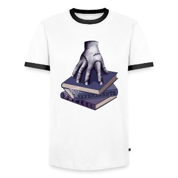Zombie hand on stack of books - Men's Ringer Shirt - white/black - Front - AI Model Female 172 light (172cm) & AI Model Male 178 dark (178cm)