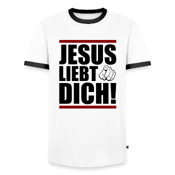 Jésus t’aime - T-shirt contrasté Homme - blanc/noir - Devant - AI Model Female 172 light (172cm) & AI Model Male 178 dark (178cm)