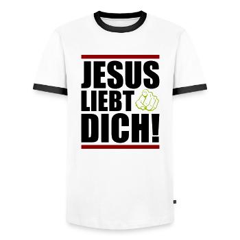Jésus t’aime - T-shirt contrasté Homme - blanc/noir - Devant - AI Model Female 172 light (172cm) & AI Model Male 178 dark (178cm)
