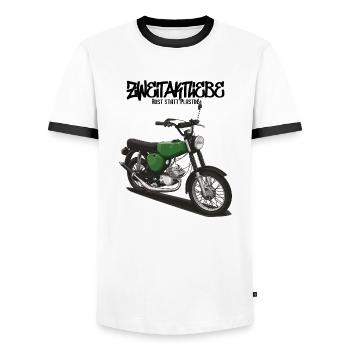 S51 (billiard green) // Illustration - Men's Ringer Shirt - white/black - Front - AI Model Female 172 light (172cm) & AI Model Male 178 dark (178cm)