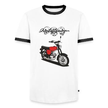 S51 (rot) // Illustration - Männer Kontrast-T-Shirt - Weiß/Schwarz - Vorne - AI Model Female 172 light (172cm) & AI Model Male 178 dark (178cm)