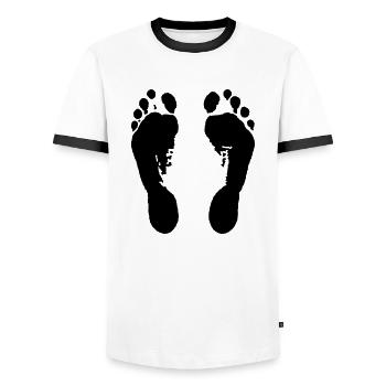 Empreintes (pieds nus) / Footprints (pieds nus) / - T-shirt contrasté Homme - blanc/noir - Devant - AI Model Female 172 light (172cm) & AI Model Male 178 dark (178cm)