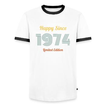 HAPPY SINCE 1974 LIMITED EDITION Birthday Gift - Men's Ringer Shirt - white/black - Front - AI Model Female 172 light (172cm) & AI Model Male 178 dark (178cm)