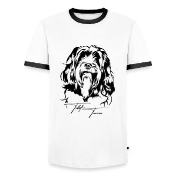 Tibetan Terrier Portrait Dog Portrait Dog Wilsigns - Men's Ringer Shirt - white/black - Front - AI Model Female 172 light (172cm) & AI Model Male 178 dark (178cm)