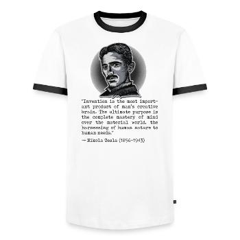 017 Zitat Nikola Tesla invention is most important - Männer Kontrast-T-Shirt - Weiß/Schwarz - Vorne - AI Model Female 172 light (172cm) & AI Model Male 178 dark (178cm)