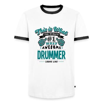 drummer world no1 most awesome copy - Men's Ringer Shirt - white/black - Front - AI Model Female 172 light (172cm) & AI Model Male 178 dark (178cm)